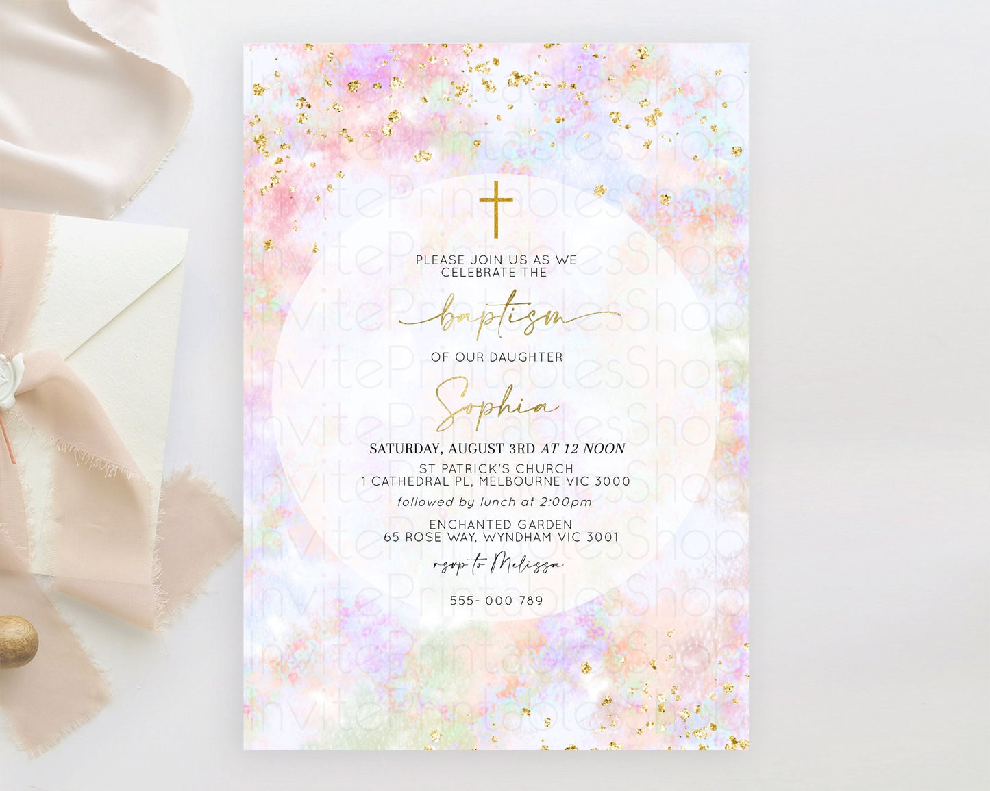 Pastel Baptism Invitation Pastel Colors Watercolor Baptism 1st Birthday Party Gold Ombre Pastel Rainbow Christening Holy Communion D10649