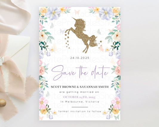 Editable Unicorn Rainbow Save The Date Template Pastel Unicorn Party Magical