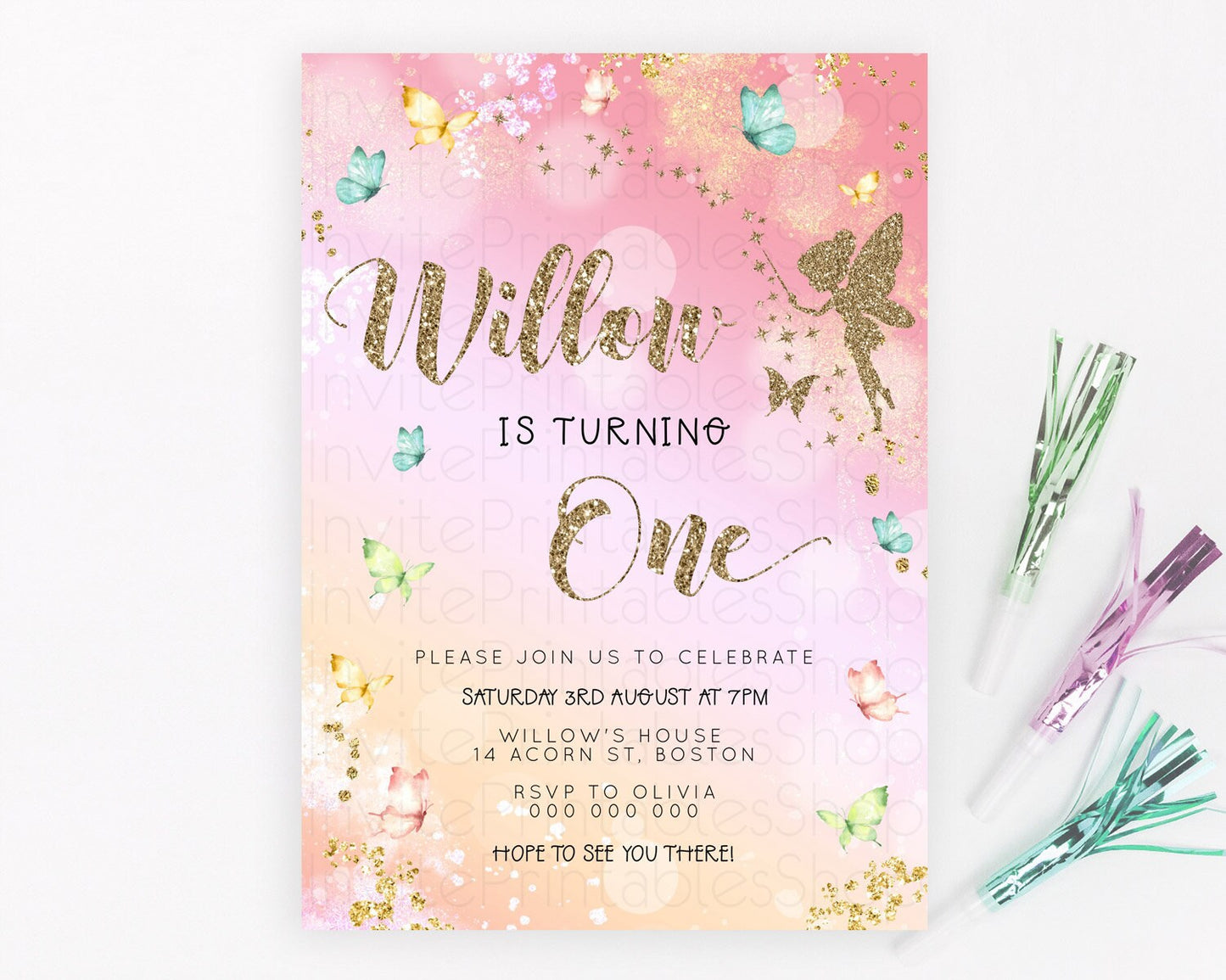 Pastel Fairy Birthday Invitation Pastel Butterflies Fairy Birthday Invitation Rainbow Ombre Watercolor 1st 2nd Birthday Invitation D23149