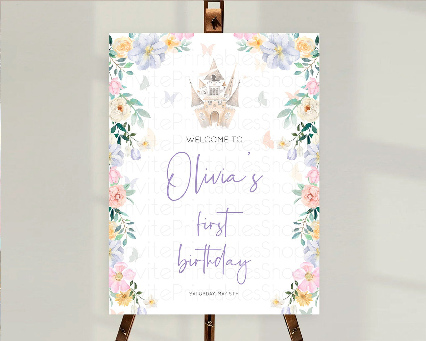 Princess Birthday Welcome Sign Castle Welcome Board Secret Garden Enchanted Castle Pastel Floral Garden First Birthday Welcome Sign D10473