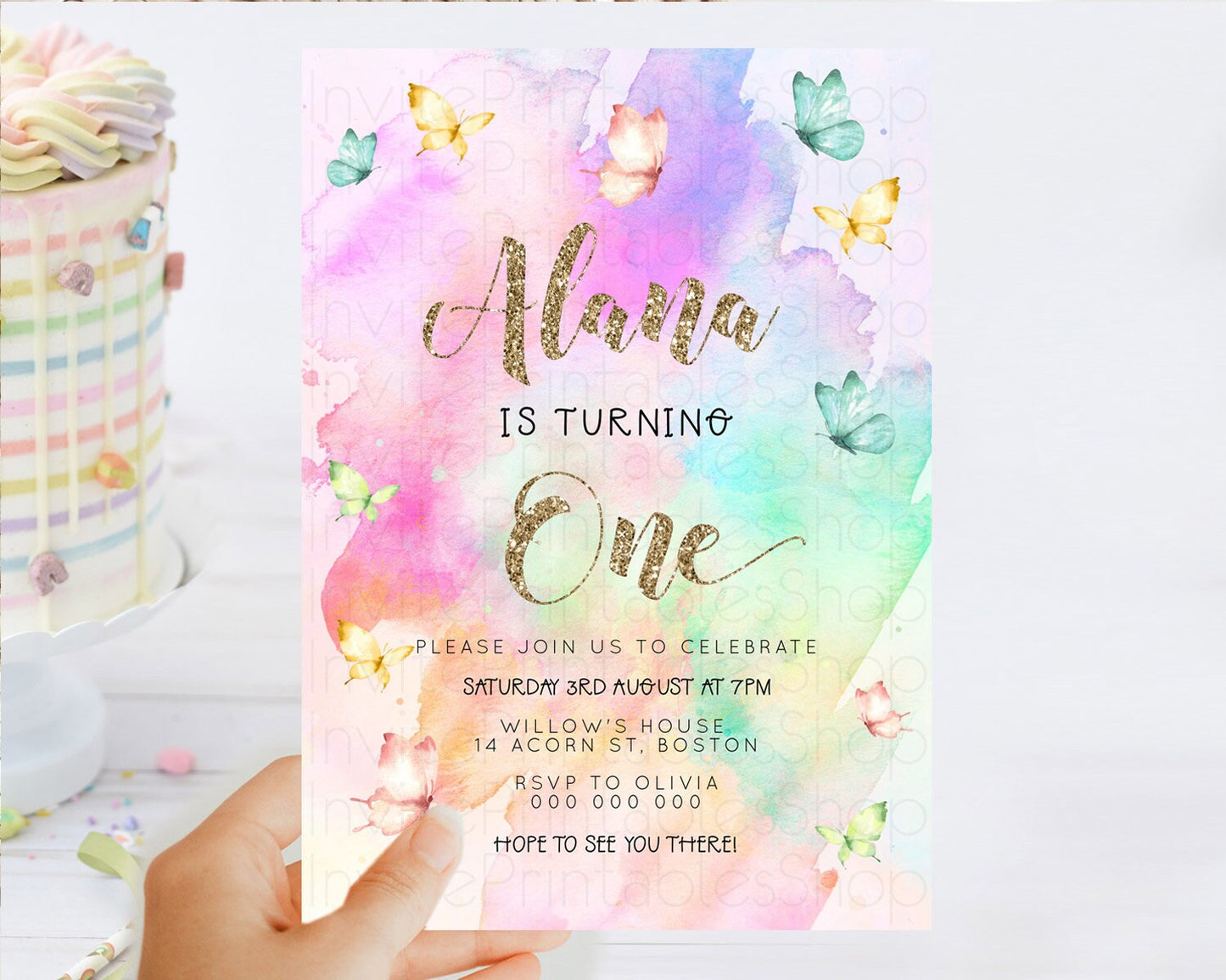 Pastel Butterfly Birthday Invitation Butterfly Birthday Invitation Colorful Splash Glitter Butterfly Garden 1st 2nd Birthday D23243