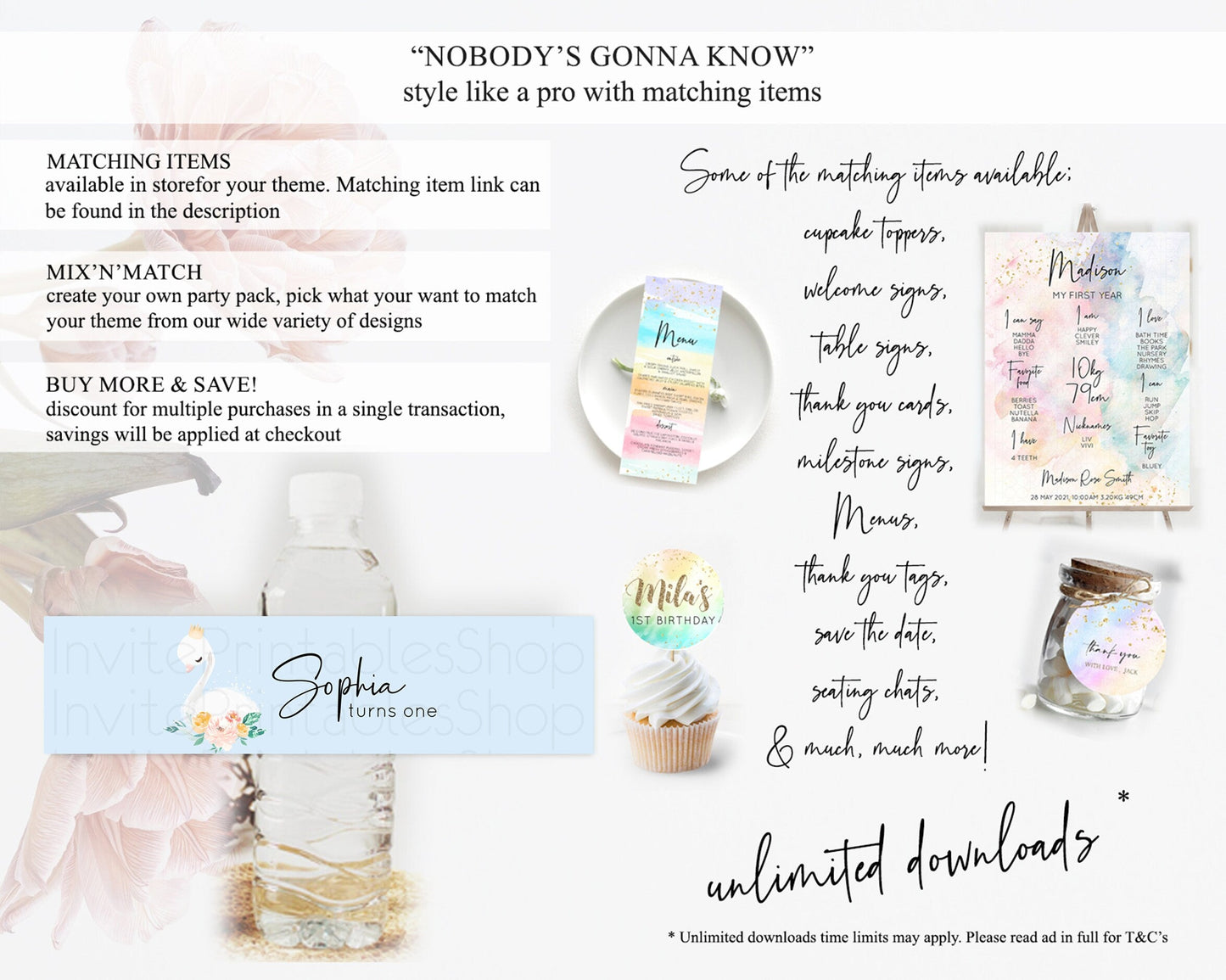 Swan Water Label Template Swan Princess Ballet Party Decor Enchanted Secret Garden Pastel Floral Birthday Baptism Baby Shower D10903