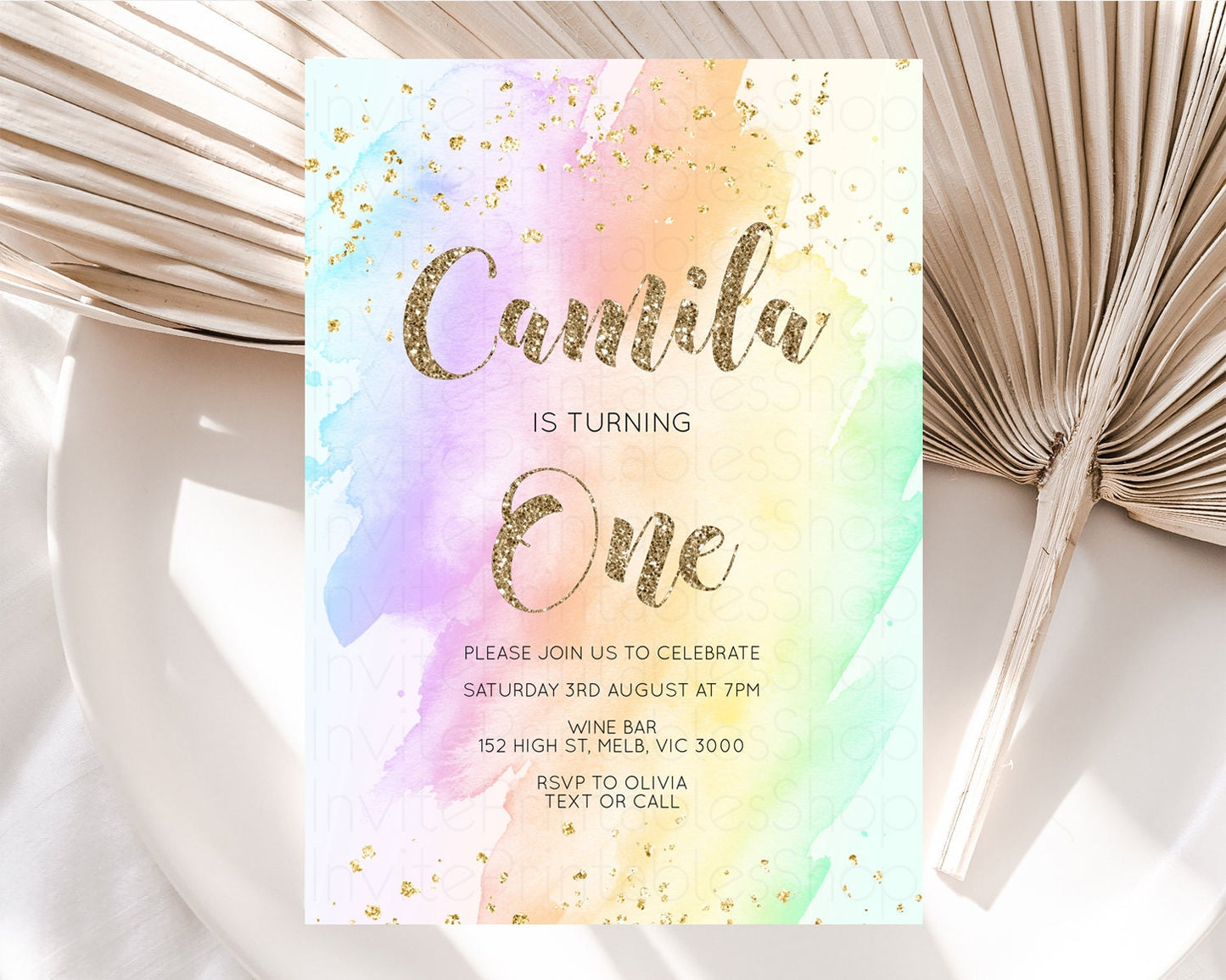 Rainbow Birthday Invitation Glitter Pastel Invitation Colorful Watercolor Gold Foil Splatter Sprinkle Ombre 1st 2nd 3rd Birthday Invite g602