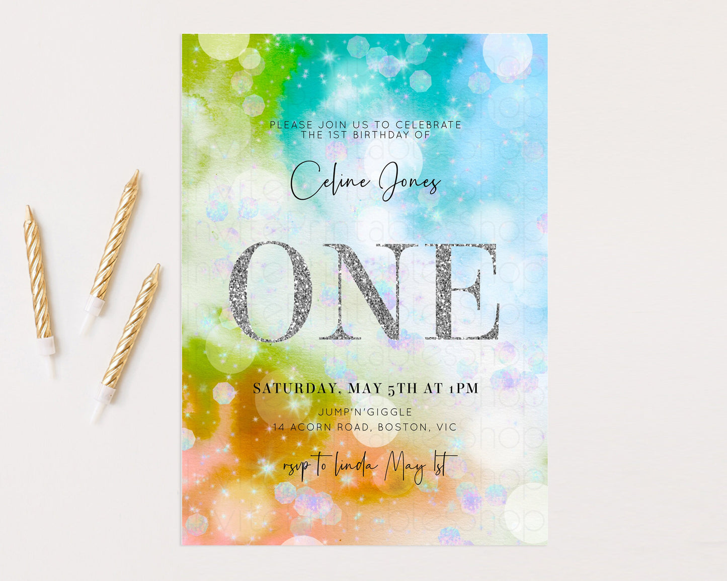 Rainbow Birthday Invitation Pastel Birthday Invite Ombre Watercolor Invite Enchanted Theme Colorful Splash Glitter Sprinkles 1st 2nd 3rd