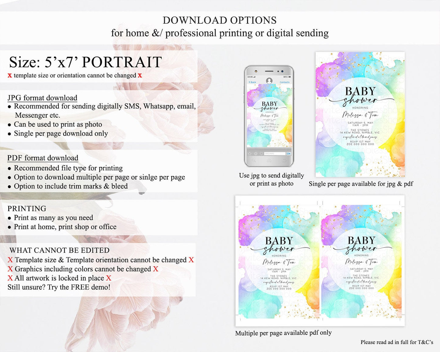 Pastel Baby Shower Invitation Rainbow Baby Shower Invitation Colorful Pastel Watercolor Invitation Gold Glitter Sprinkles Ombre D10213