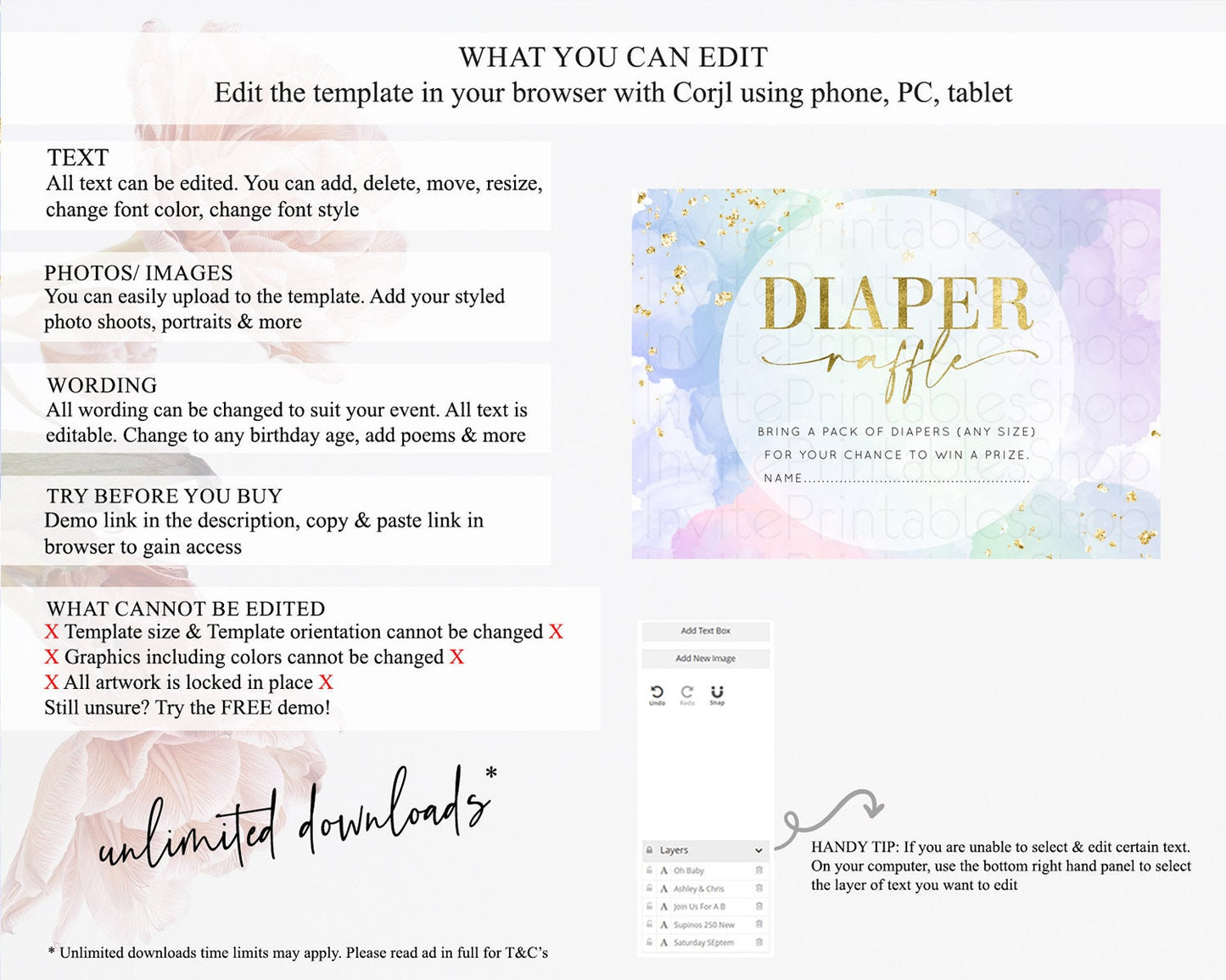 Pastel Diaper Raffle Card Pastel Rainbow Diaper Raffle Insert Colorful Ombre Watercolor Diaper Ticket Confetti Glitter Raffle Game D10624