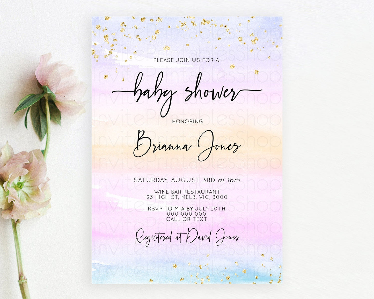 Pastel Baby Shower Invitation Rainbow Baby Shower Invitation Colorful Pastel Watercolor Invitation Gold Glitter Sprinkles Ombre D10594