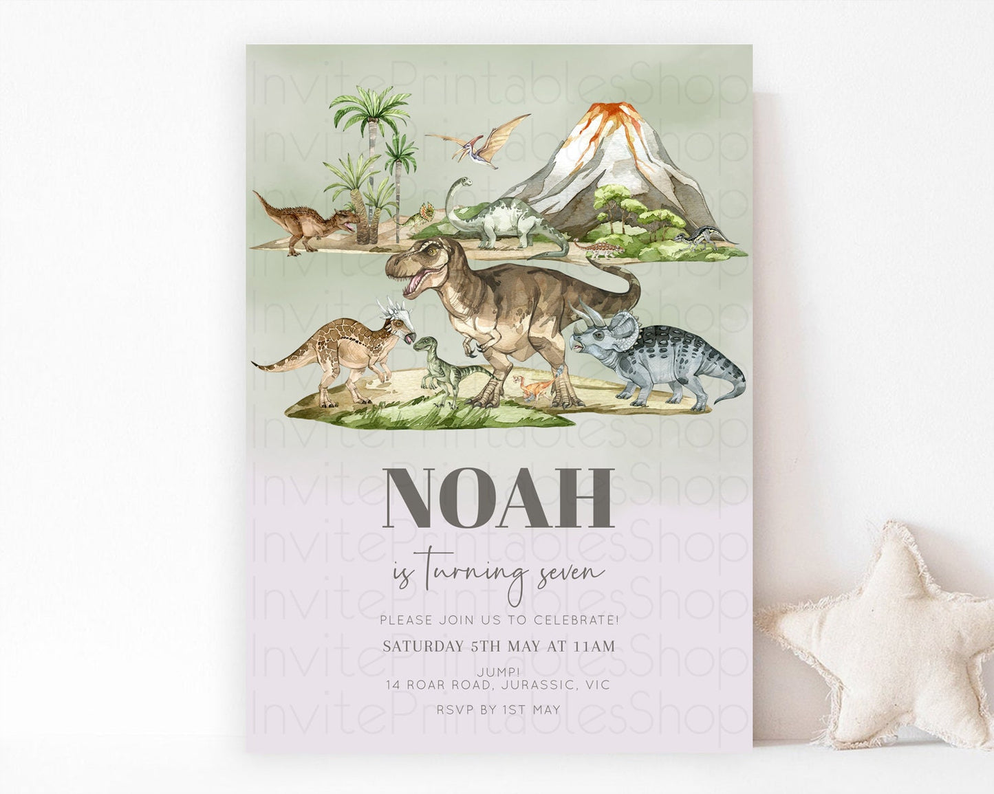 Dinosaur Birthday Invitation Dinosaur Volcano Invitation Watercolor Dinosaur Volcano T-Rex Raptor Jurassic 1st 2nd 3rd Birthday D10671