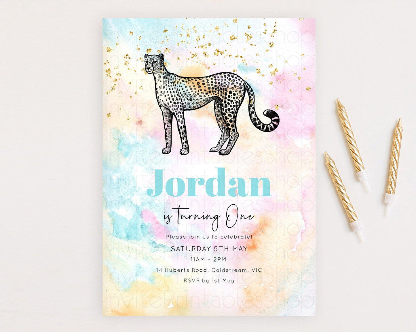 Cheetah Birthday Invitation Cheetah Invitation Cheetah Birthday Pastel Watercolor Cheetah Invitation Rainbow Cheetah Invitation D10289