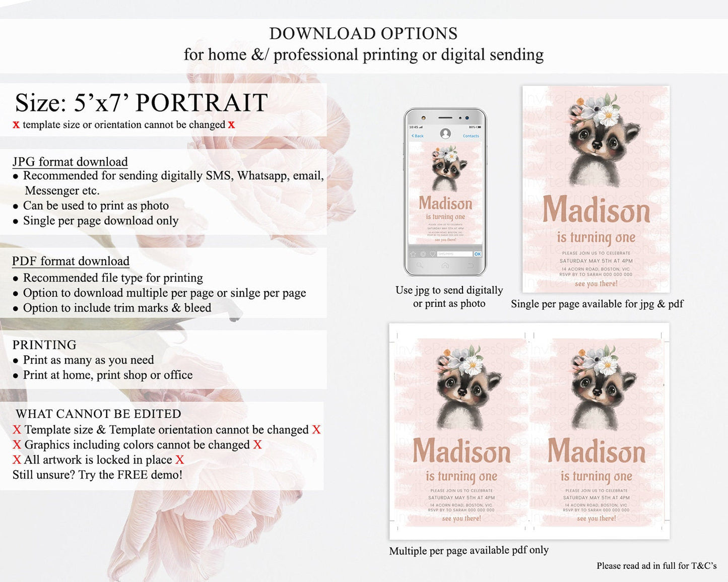 Raccoon Birthday Invitation, Enchanted Forest Adventure, Pink Woodland Theme, Baby Raccoon, 1st Birthday D10653