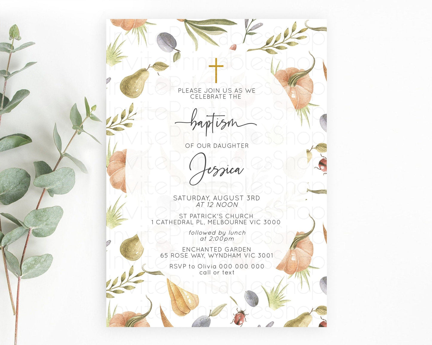Pumpkin Baptism Invitation Pear Ladybug Plum Ladybug Baptism 1st Birthday Invitation Country Garden Holy Communion Theme D10543