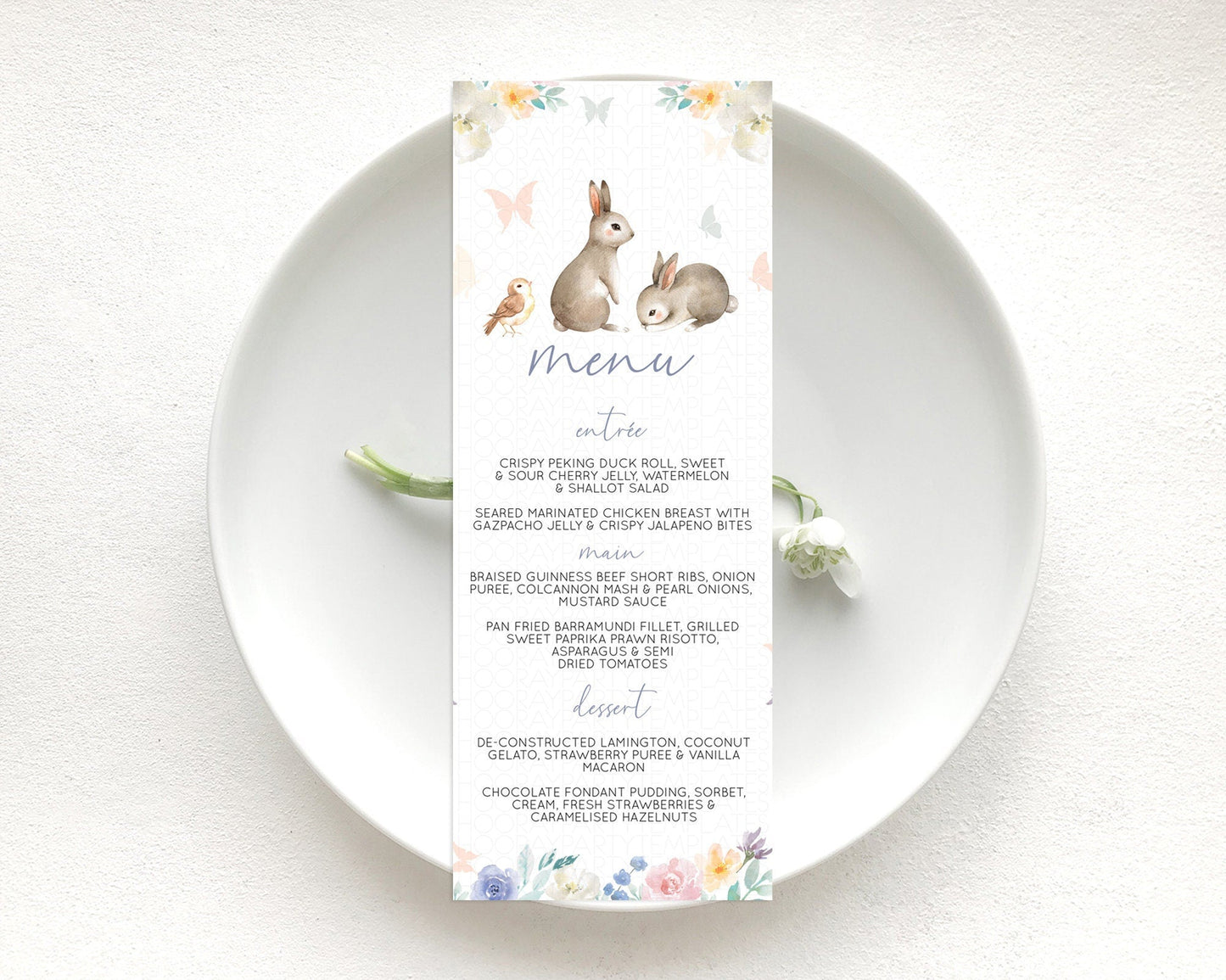 Bunny Menu Floral Bunny Menu Template Pastel Flowers Bunny Table Decor Secret Garden Bunny Dinner Dessert Menu Party Food Menu D10928
