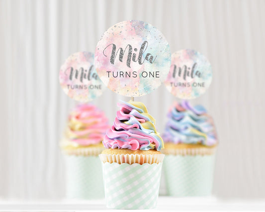 Rainbow Cupcake Toppers Pastel Cupcake Toppers Silver Sprinkles Colorful Pastel Watercolor Cupcake Ombre Pastel Cupcake Topper D10944