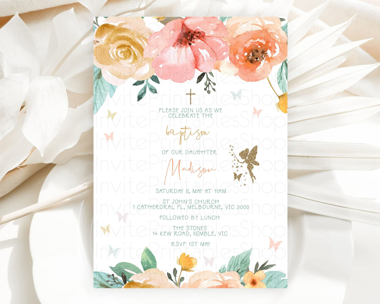 Fairy Baptism Invitation Fairy Baptism 1st Birthday Invitation Enchanted Secret Garden Christening Invite Pastel Floral Butterfly D10346