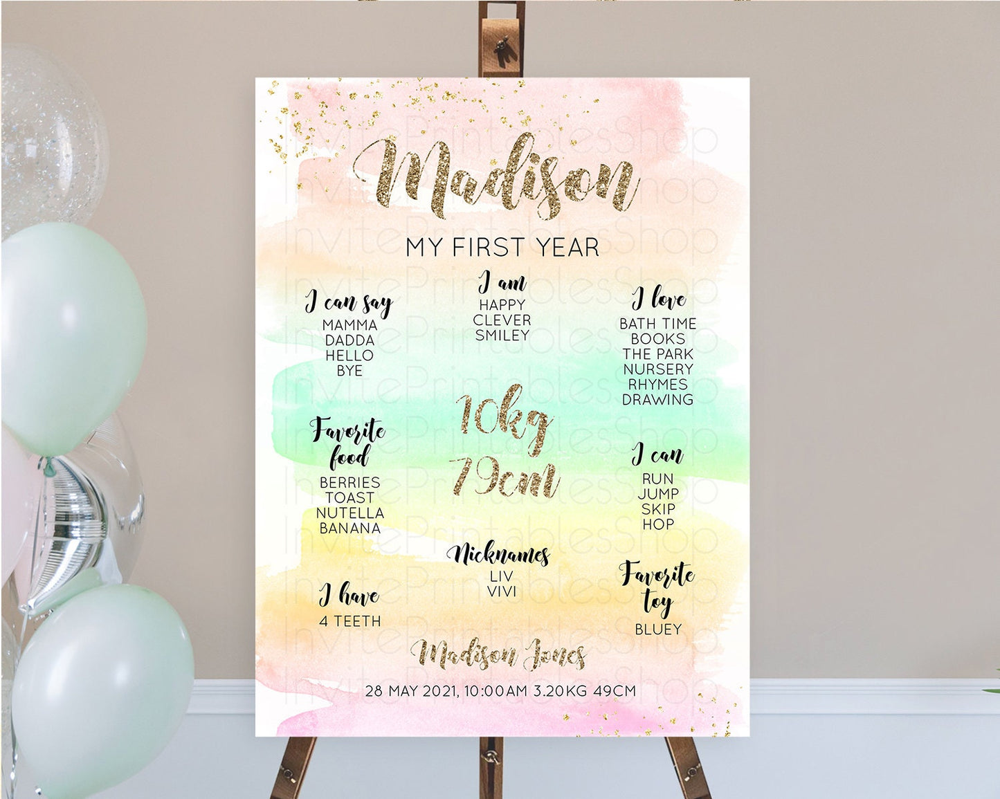 Editable Pastel First Birthday Milestone Board Pastel Rainbow Milestone Post