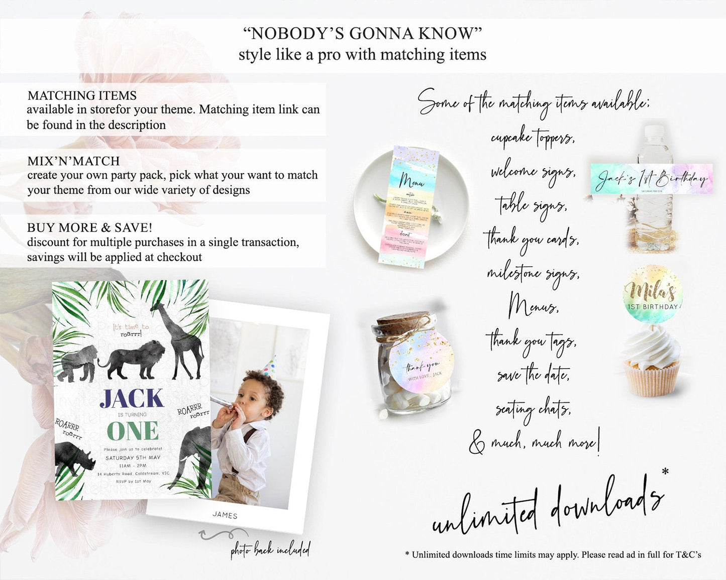 Safari Birthday Invitation Lion Gorilla Elephant Rhino Tropical Palm Jungle Safari Adventure Zoo Party Animal 2nd 1st First Birthday D10839