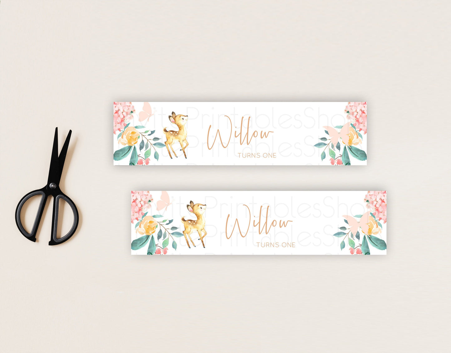 Fawn Deer Water Label Template Pastel Floral Deer Enchanted Forest Butterfly Party Decor Birthday Baptism Baby Shower Bridal Shower D10753