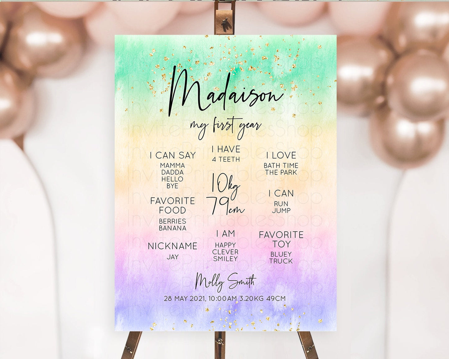 Pastel First Birthday Milestone Board Pastel Rainbow Milestone Poster Colorful Confetti Watercolor Glitter 1st Birthday Welcome Sign D10485
