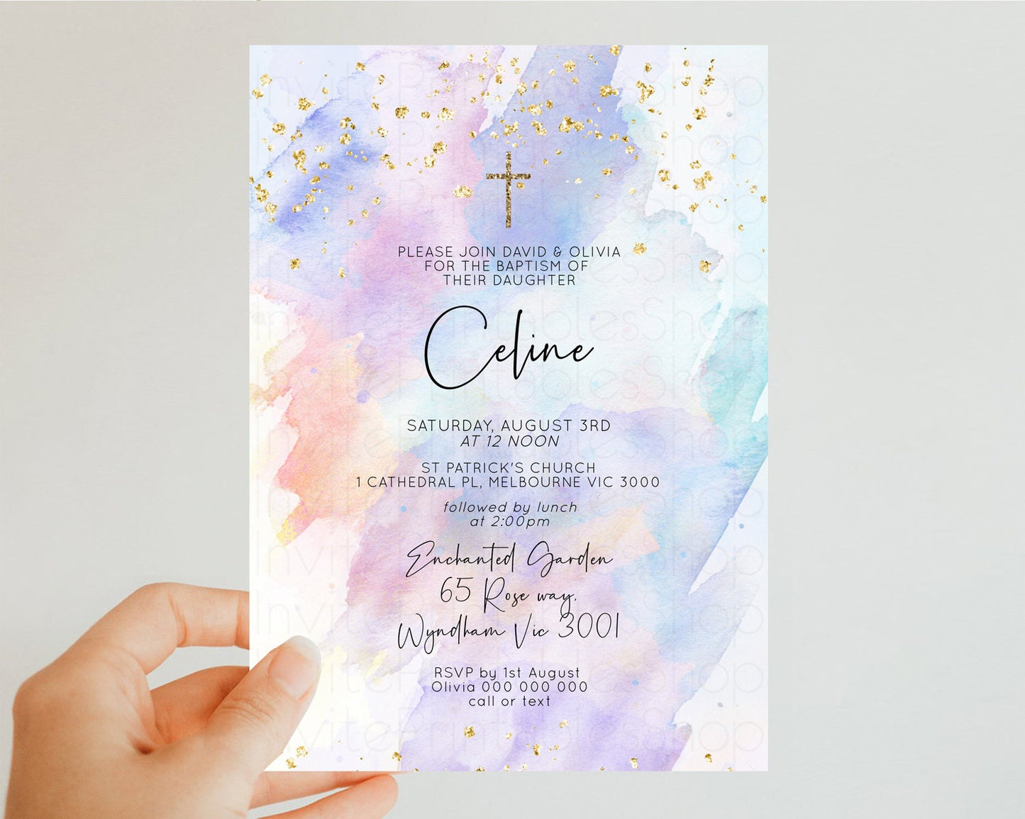 Rainbow Baptism invitation Pastel Rainbow Christening Invite Ombre Watercolor Invite Gold Glitter Sprinkle Splash Cross Religious t576
