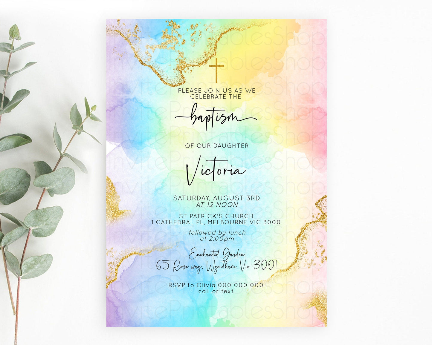 Pastel Baptism Invitation Pastel Colors Watercolor Baptism 1st Birthday Party Gold Ombre Pastel Rainbow Christening Holy Communion D10588