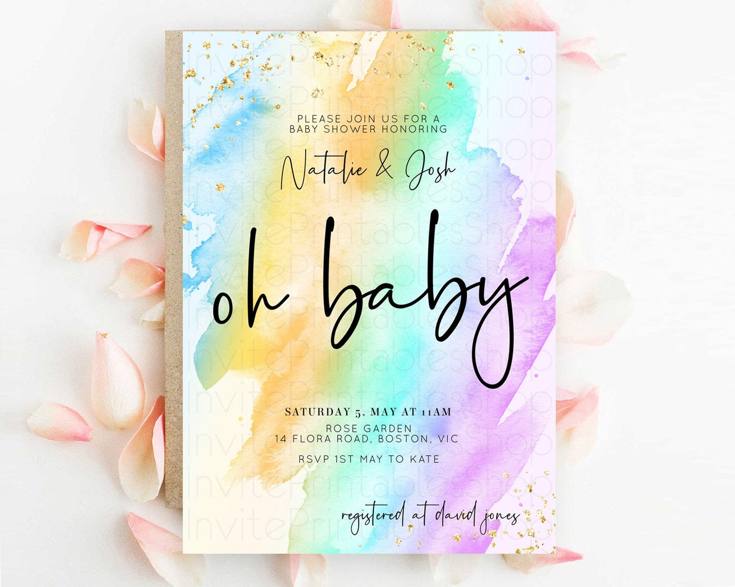 Pastel Baby Shower Invitation Rainbow Baby Shower Invitation Colorful Pastel Watercolor Invitation Gold Glitter Sprinkles Ombre D10427