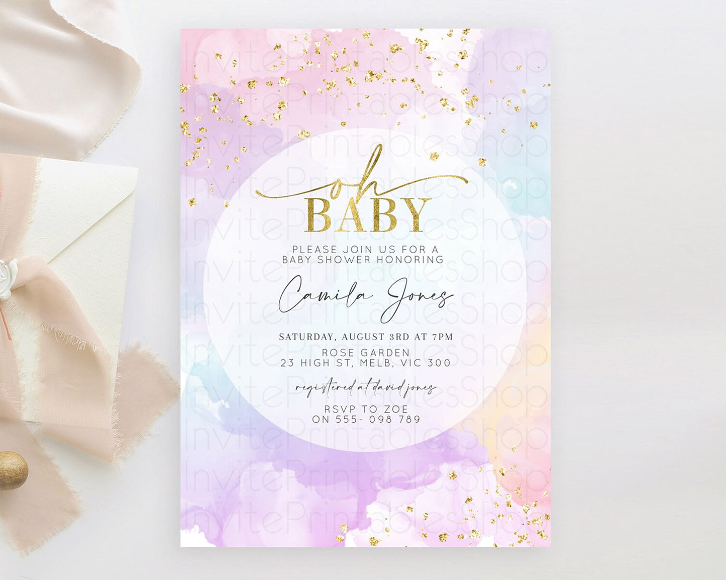 Pastel Baby Shower Invitation Rainbow Baby Shower Invitation Colorful Pastel Watercolor Invitation Gold Glitter Sprinkles Ombre D10623