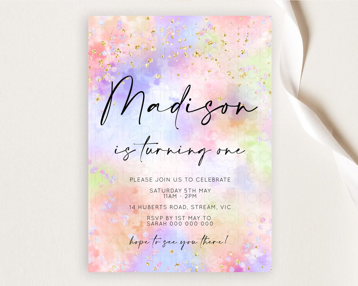 Rainbow Birthday Invitation Colorful Pastel Watercolor Invitation Gold Glitter Sprinkles Ombre Pastel 1st 2nd 3rd Birthday D10610