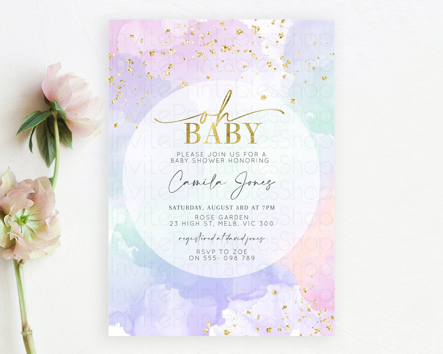 Pastel Rainbow Baby Shower Invitation, Colorful Watercolor with Gold Glitter Sprinkles and Ombre Clouds in Pink, Purple, Soft Green D10624