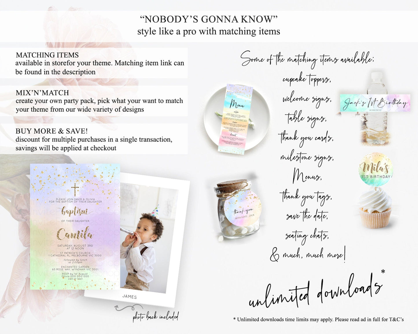 Pastel Baptism Invitation Pastel Colors Watercolor Baptism 1st Birthday Party Gold Ombre Pastel Rainbow Christening Holy Communion D10372