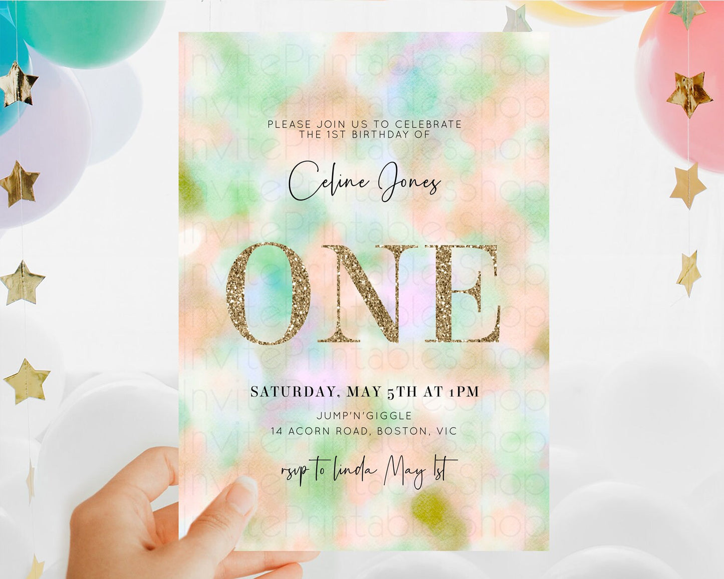 Rainbow Birthday Invitation Colorful Pastel Watercolor Invitation Gold Glitter Sprinkles Ombre Pastel 1st 2nd 3rd Birthday D10693