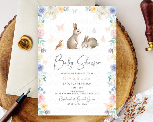 Bunny Baby Shower Invitation: Secret Garden, Enchanted Garden, Pastel Watercolor Woodland - Pink Blue White Flowers and Butterflies D10928