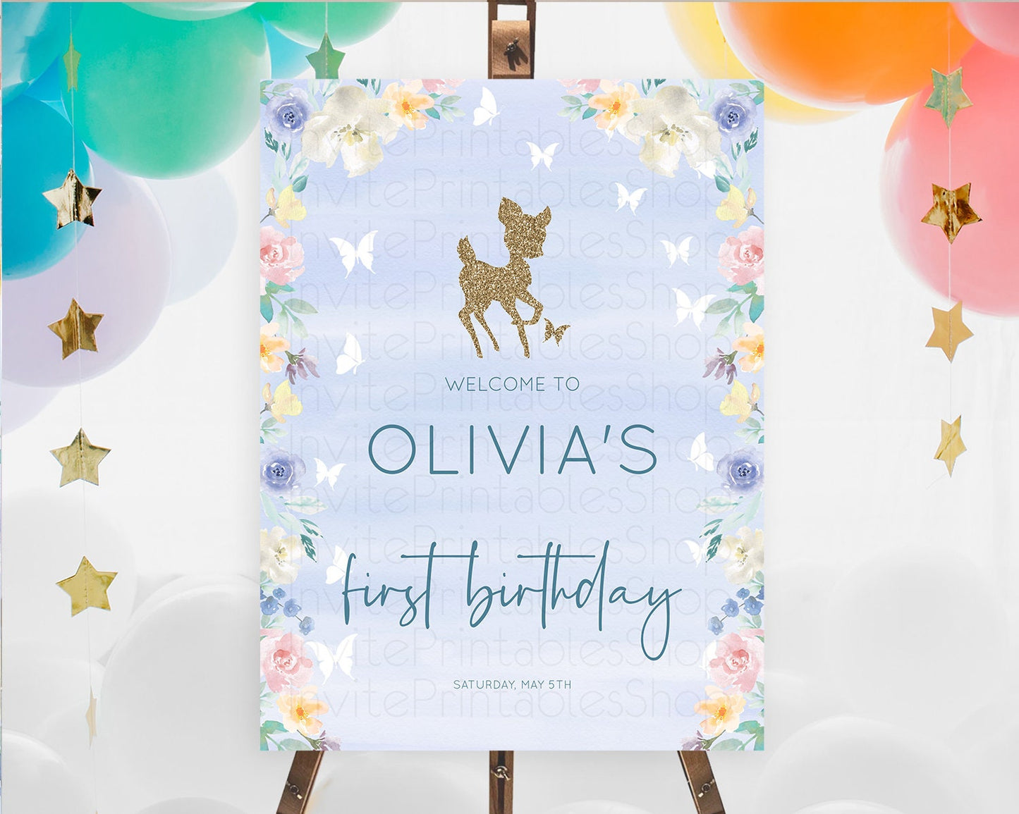 Fawn Welcome Sign Deer Welcome Board Floral Deer Welcome Poster Enchanted Forest Butterfly Pastel Floral First Birthday Welcome Sign D10879
