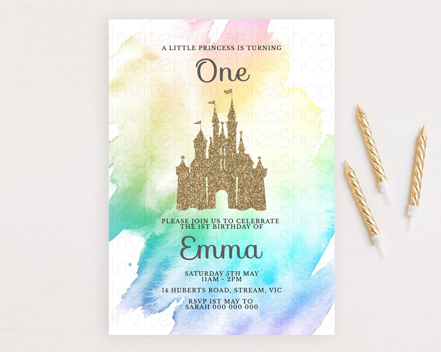 Princess Birthday Invitation Princess Invitation Pastel Invitation Royal Birthday Rainbow Color Enchanted Castle 1st First Birthday D10833