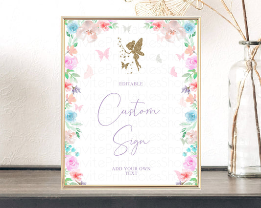 Editable Fairy Sign Enchanted Garden Table Sign Decor Pastel Floral Butterfl