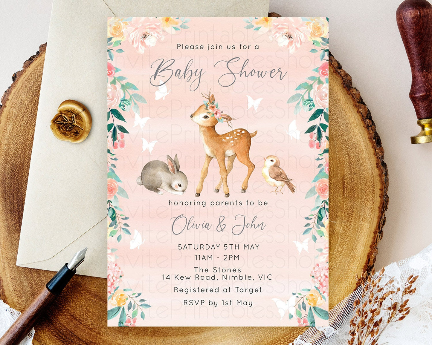 Enchanted Forest Baby Shower Invitation Baby Fawn Invitation Forest Animals, Pastel Deer, Butterflies, Whimsical Pink Orange Flowers D10921