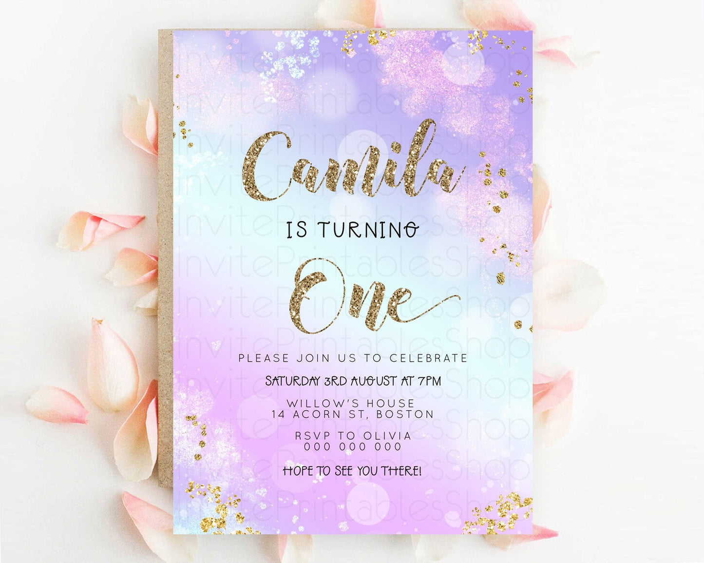 Rainbow Birthday Invitation Colorful Pastel Watercolor Invitation Gold Glitter Sprinkles Ombre Pastel 1st 2nd 3rd Birthday D23130