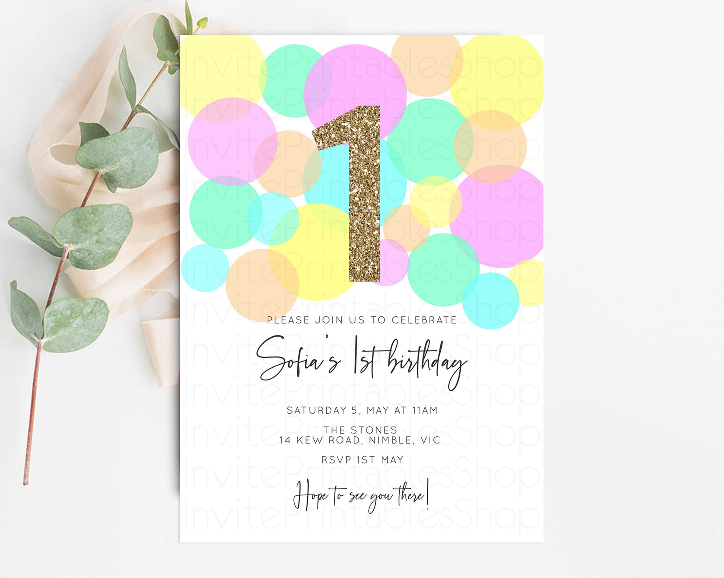 Bubbles Birthday Invitation Rainbow Confetti Invite Pastel Sprinkles Invite Pastel Colorful Art Fun Simple Birthday Invite 1st 2nd 3rd