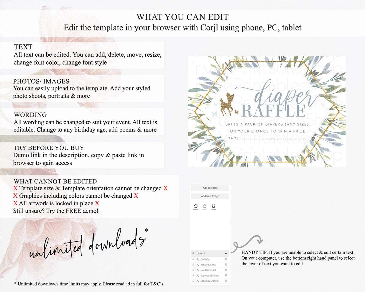Fawn Diaper Raffle Card Deer Diaper Insert Floral Deer Diaper Ticket Enchanted Forest Butterfly Pastel Baby Shower Raffle Game D10534