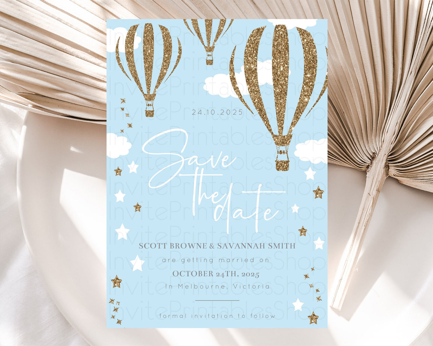 Hot Air Balloon Save The Date Template Adventure Awaits Mr. ONEderful Party 1st Birthday Baptism Baby Shower D10332