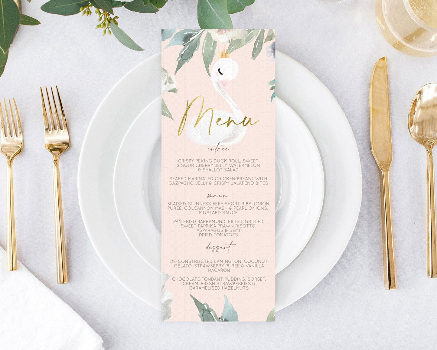 Swan Menu Swan Princess Ballet Menu Template Enchanted Swan Lake Table Decor Secret Garden Pastel Floral Dinner Dessert Food Menu  D10115