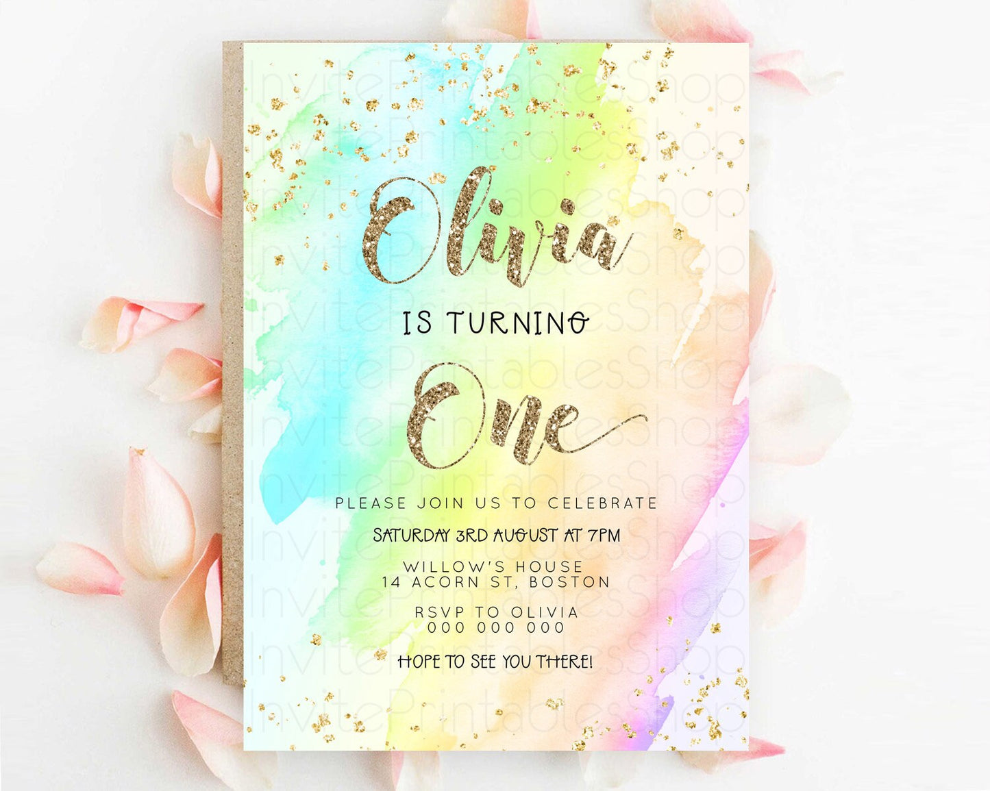 Rainbow Birthday Invitation Colorful Pastel Watercolor Invitation Gold Glitter Sprinkles Ombre Pastel 1st 2nd 3rd Birthday D23282