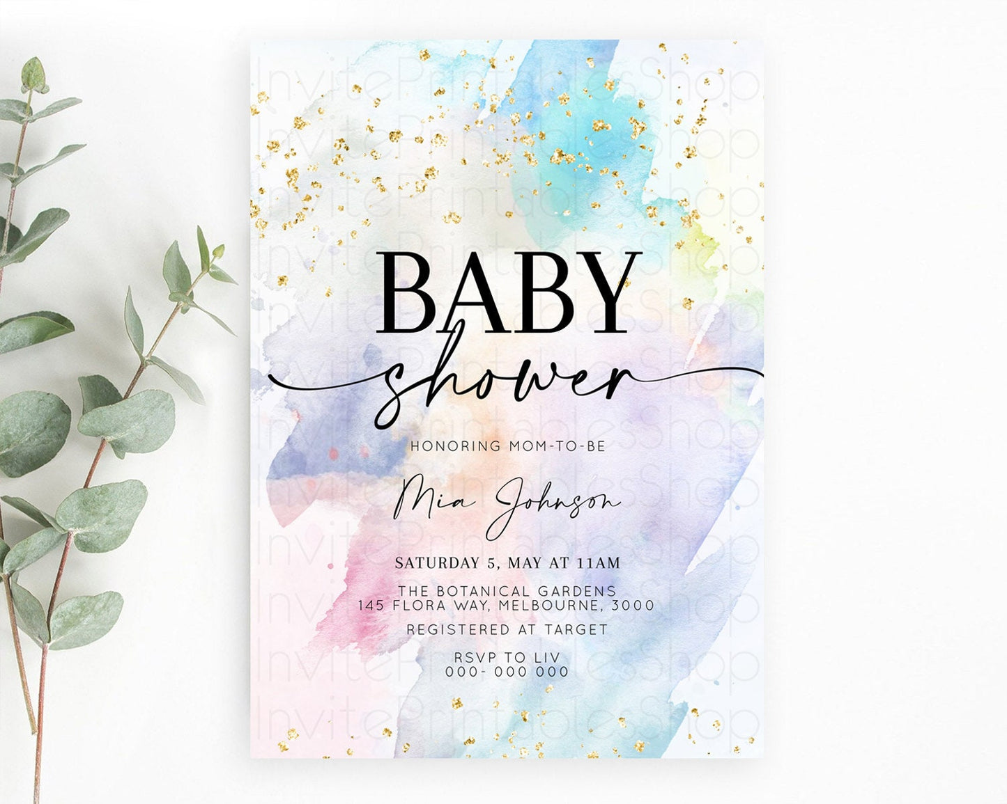 Pastel Baby Shower Invitation Rainbow Baby Shower Invitation Colorful Pastel Watercolor Invitation Gold Glitter Sprinkles Ombre D10420