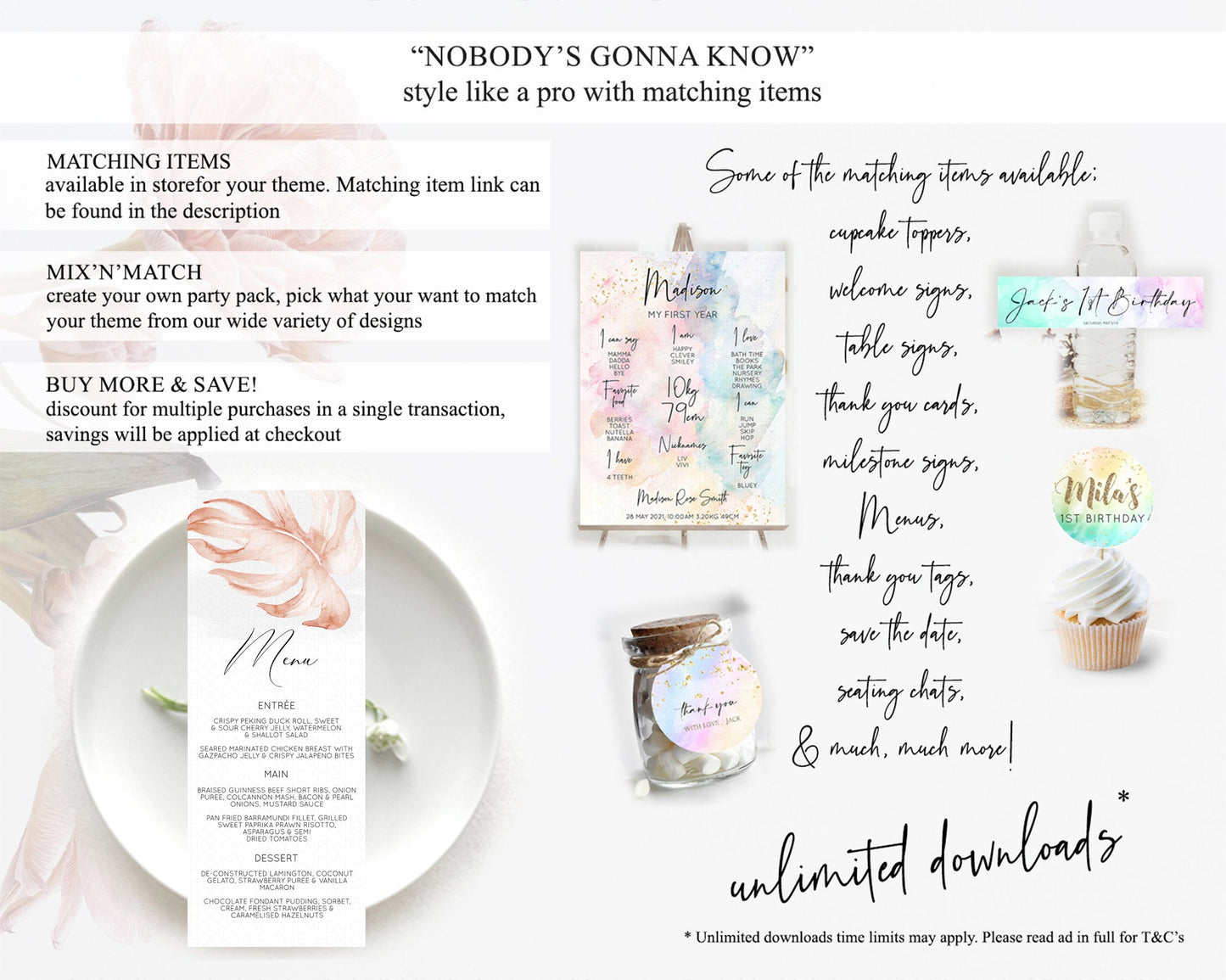 Tropical Menu Template Tropical Menu Palm Leaf Fern Table Decor Frangipani Floral White Orchid Dinner Dessert Menu Party Food Menu D11044
