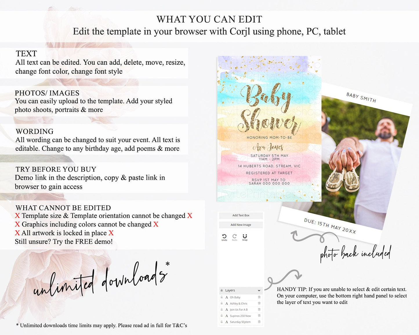 Pastel Baby Shower Invitation Rainbow Baby Shower Invitation Colorful Pastel Watercolor Invitation Gold Glitter Sprinkles Ombre D10508