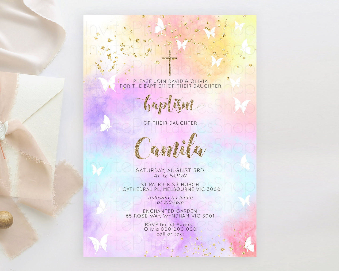 Pastel Baptism Invitation Pastel Colors Watercolor Baptism 1st Birthday Party Gold Ombre Pastel Rainbow Christening Holy Communion D10435