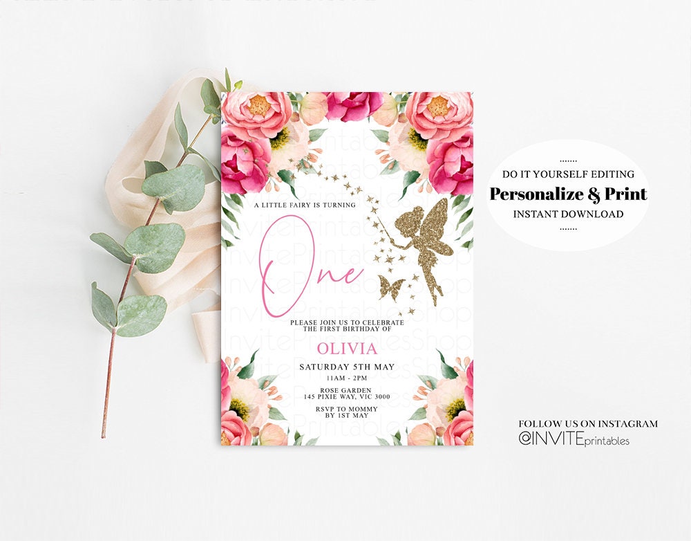 Fairy Birthday Invitation Floral Garden Fairy Invite Fairy Invitation Pink Flower Gold Glitter Whimsical Butterflies Pixie Magic 392