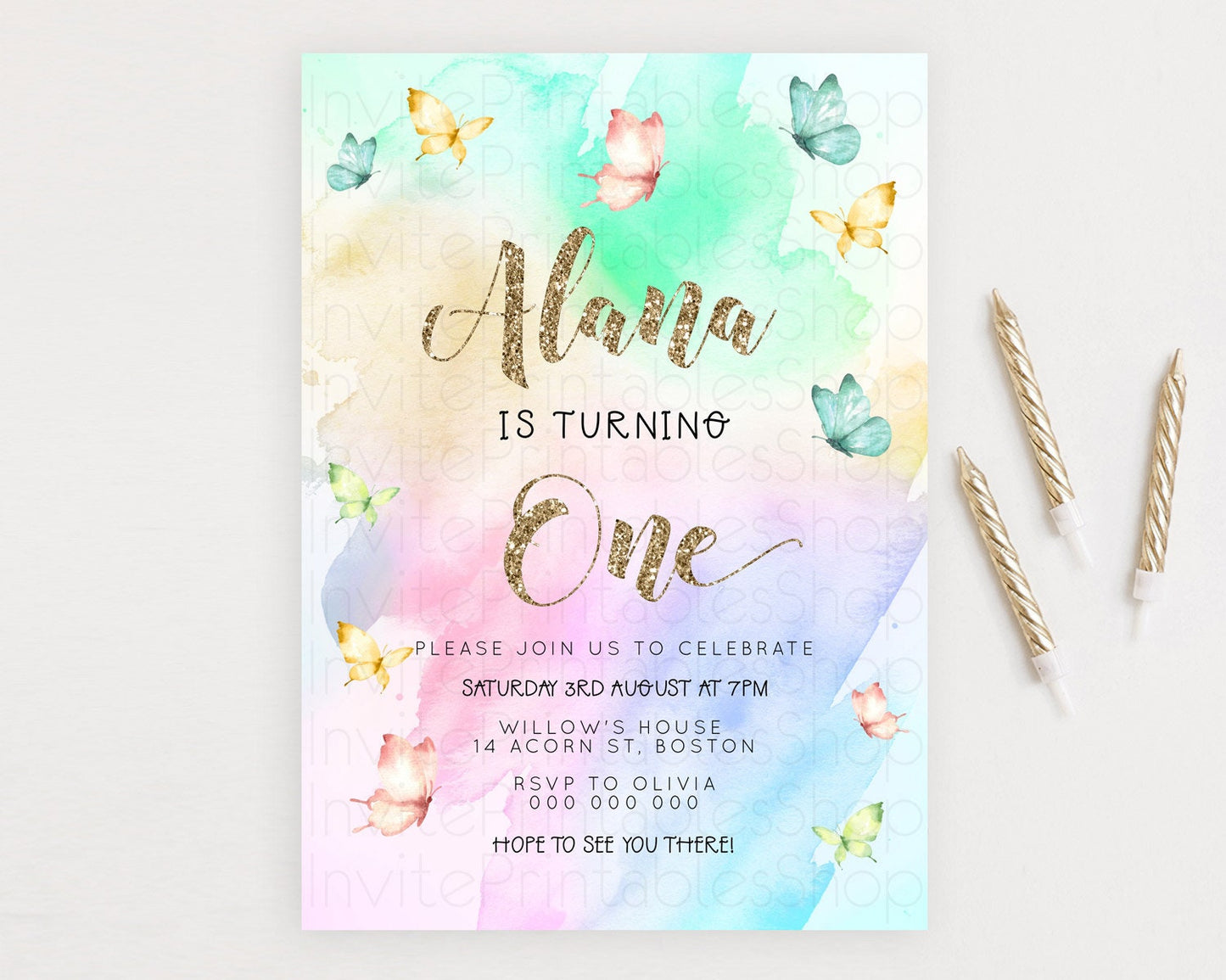 Pastel Butterfly Birthday Invitation Butterfly Birthday Invitation Colorful Splash Glitter Butterfly Garden 1st 2nd Birthday D23259