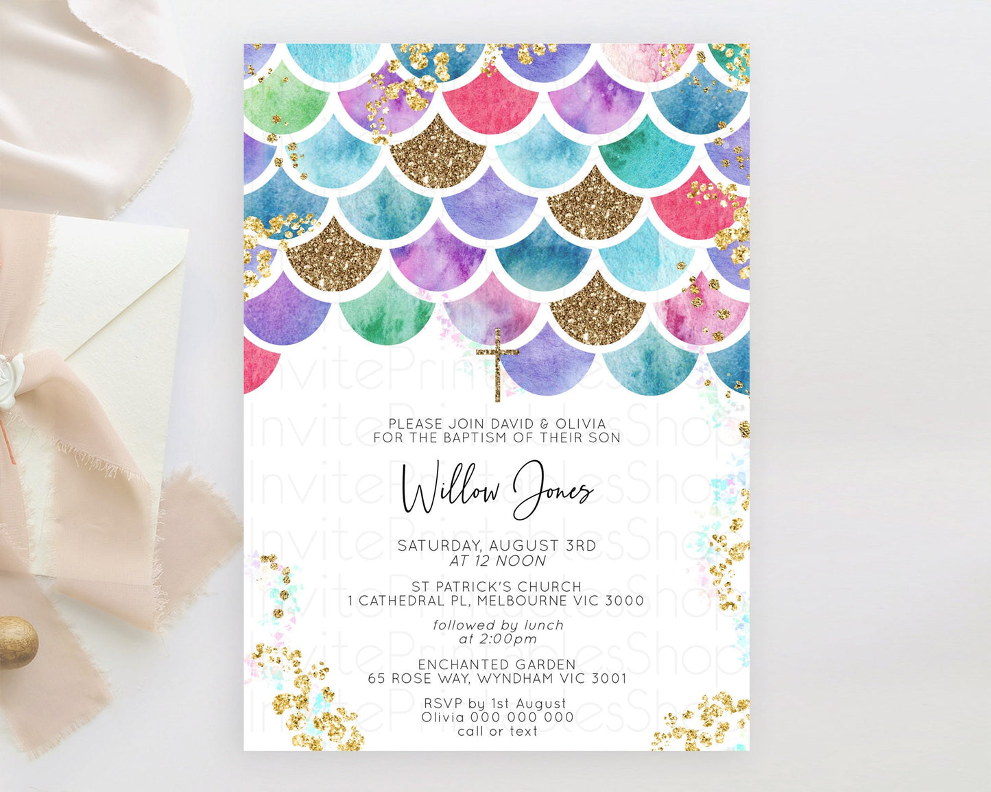 Rainbow Fish Baptism Invitation Rainbow Fish Baptism 1st Birthday Invitation Watercolor Mermaid Pastel Sea Chrisnteing Invitation D10581