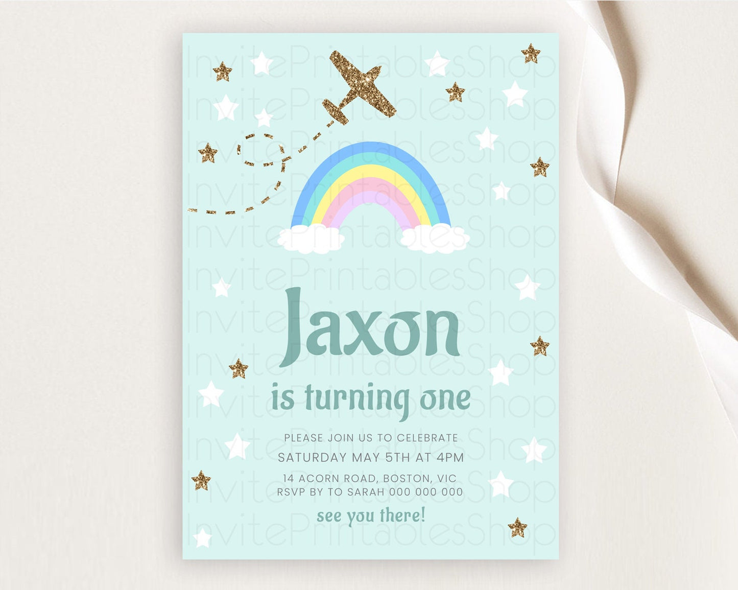 Plane Birthday Invitation Plane Invite Pastel Rainbow Clouds Stars Party Adventure Awaits Up Up Away Glitter 2nd 1st First Birthday D10296