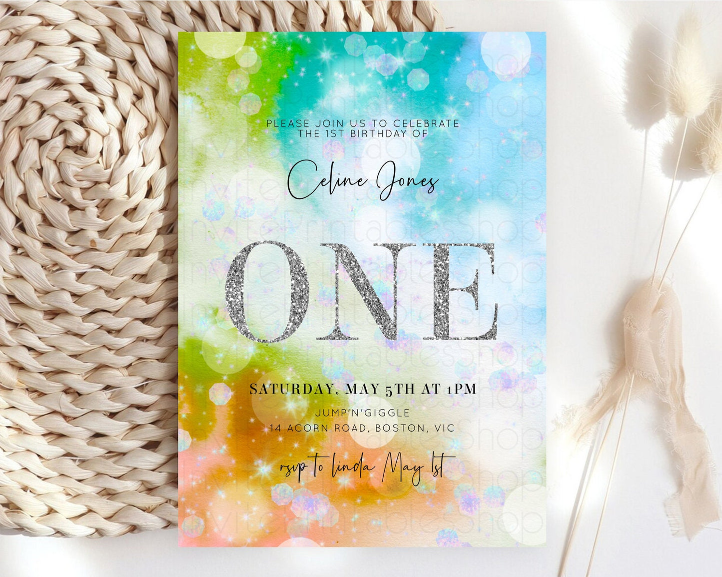 Rainbow Birthday Invitation Colorful Pastel Watercolor Silver Glitter Sprinkles Ombre Pastel Invitation 1st 2nd 3rd First Birthday D10692